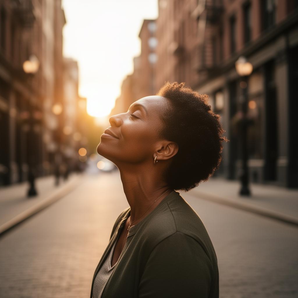 A person breathing deeply in warm sunrise light — a quiet breakthrough moment