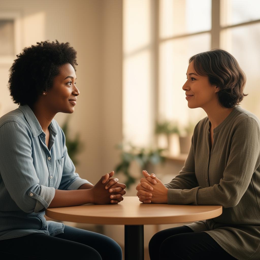 Two people in a supportive coaching conversation in warm natural light