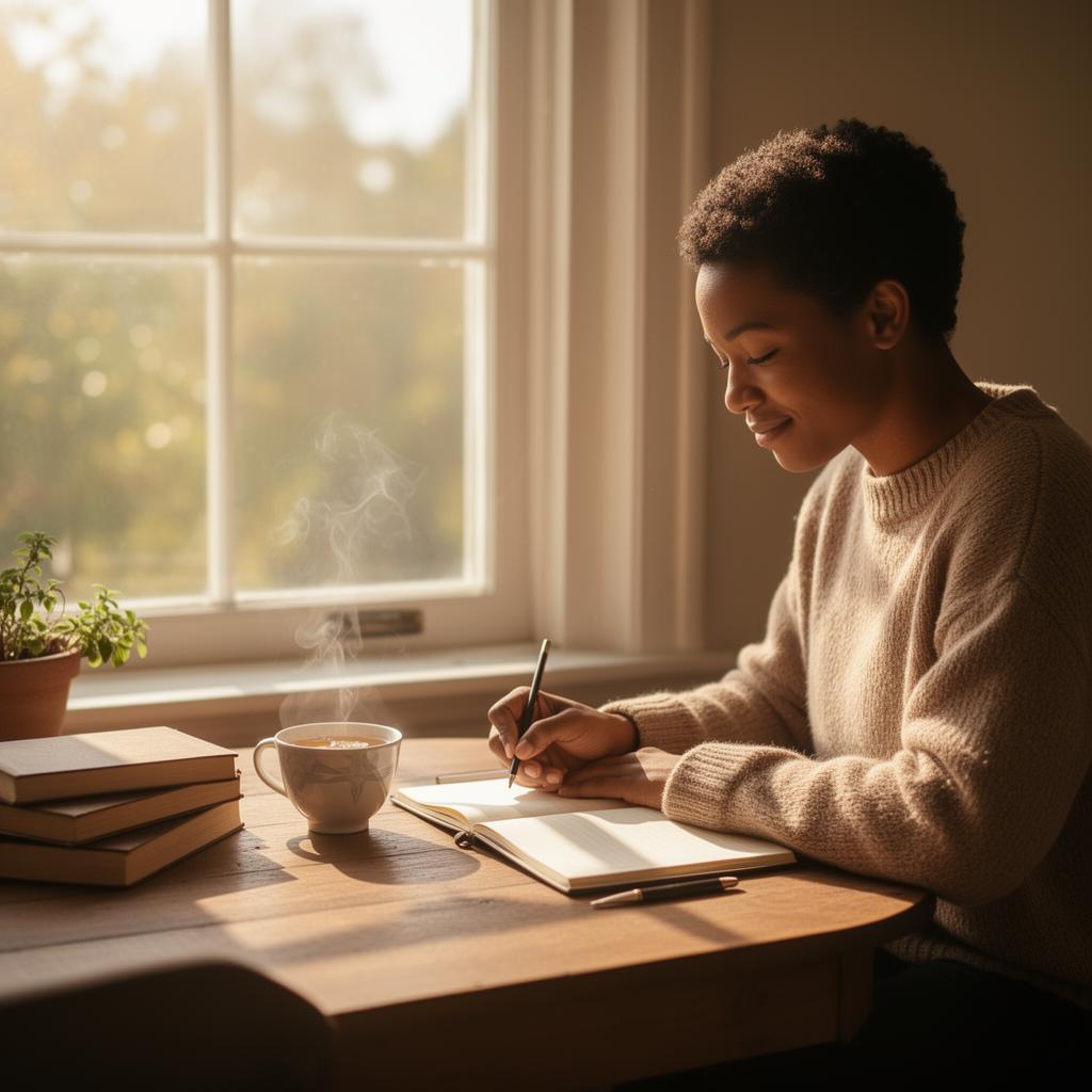 A person journaling quietly by a sunlit window